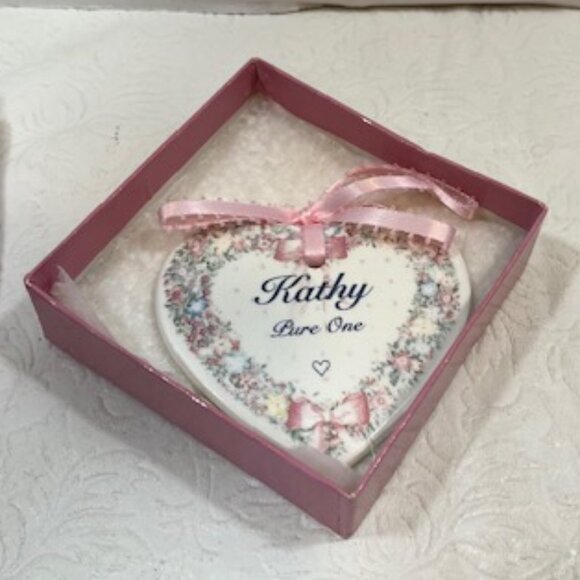 Vintage Heart "Kathy" "Pure One" Holiday Christmas Ornament Ceramic 3" - Picture 3 of 7
